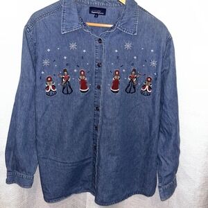 Penningtons Womens 1X Christmas Embroidered Denim Button-up Shirt Carolers 90s